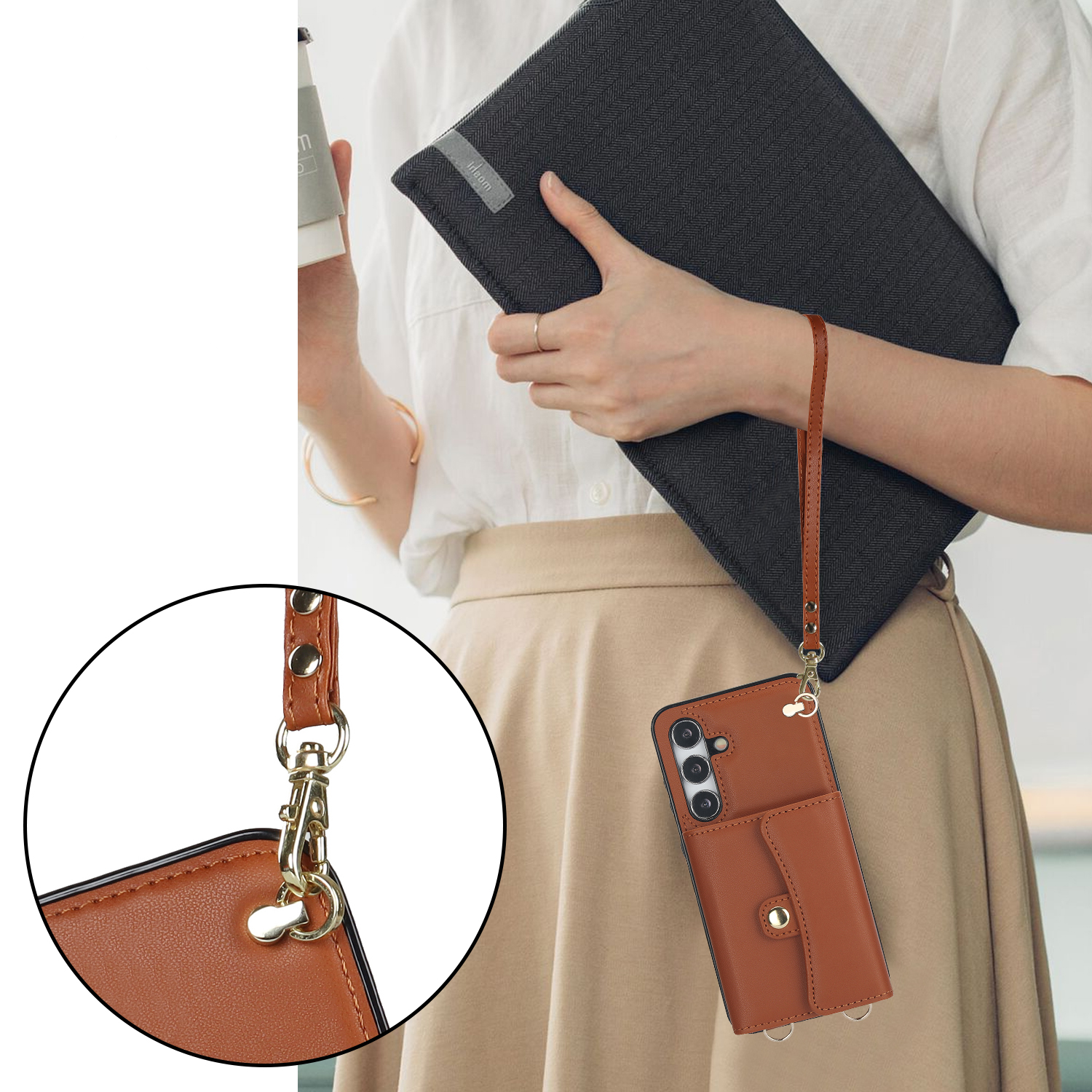 Samsung Galaxy S24 Necklace Leder Schutz Hülle mit Kartenfach   Handykette (140cm) - Braun