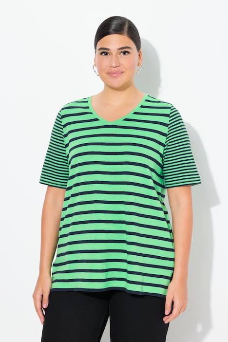 Shirt, Ringelmix, A-Linie, V-Ausschnitt, Halbarm