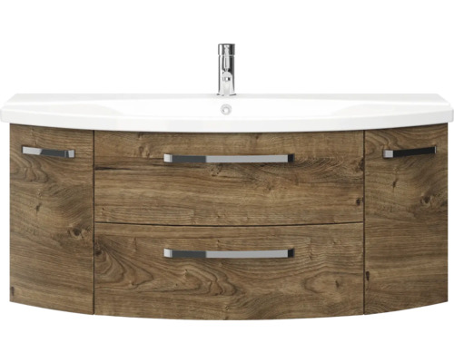 Badkamermeubelset Pelipal serie 4010, afmetingen (B x H x D): 122 x 200 x 48 cm, fronten in eikenhouten look, Ribbeck badkamermeubelset met 4 delen, inclusief witte keramische wastafel, keramische wastafelkast en spiegelkast met ledverlichting.