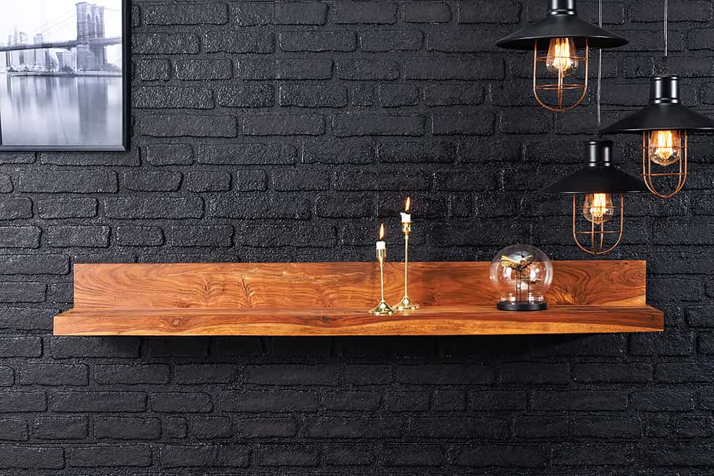 Massives Wandregal MAKASSAR 140cm braun Sheeshamholz stone finish