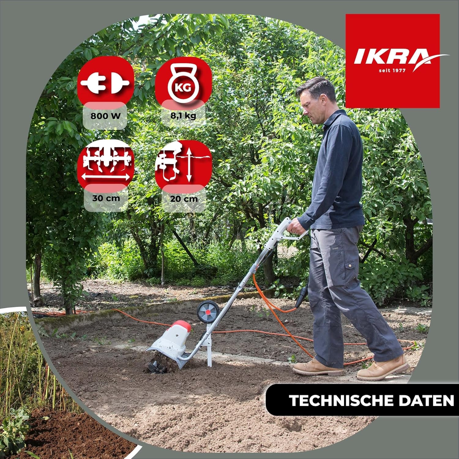IKRA Elektro Bodenhacke Kultivator IEM 800 S, Arbeitsbreite 30cm, Arbeitstiefe 20cm, inkl. Handgrubber