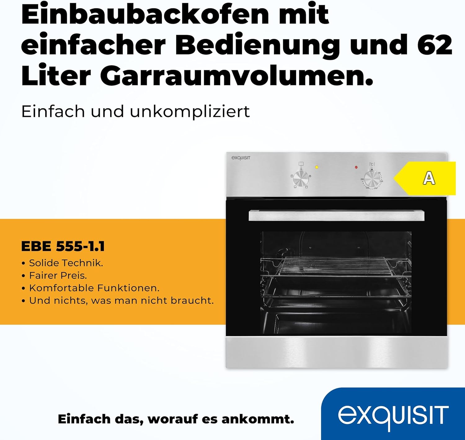 Exquisit Einbaubackofen, Backofen Einbaugerät Silber, 62 L Garraum, Einfache Bedienung, Backofen klein, EBE 555-1.1