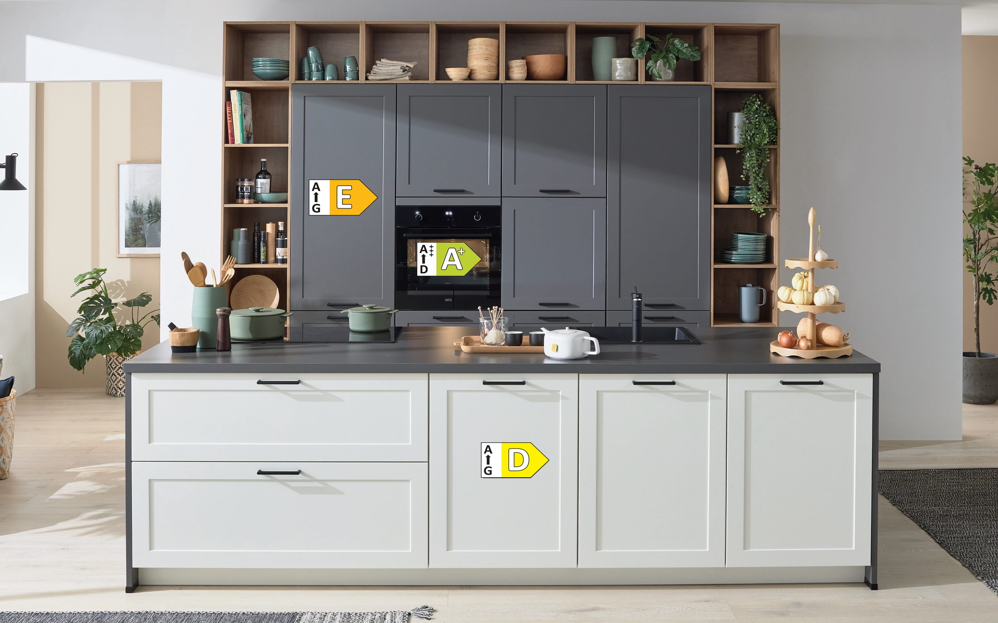 Einbauküche Nordic, weiß/schiefergrau, inkl. Miele Elektrogeräte