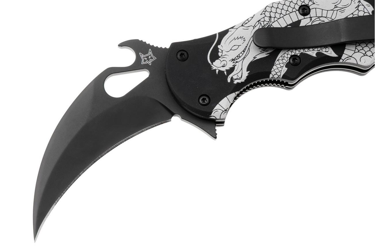Fox FX-599 ALB-1 The Spirit, Black Idroglider Böhler N690Co, Engraved Aluminum, karambitmes