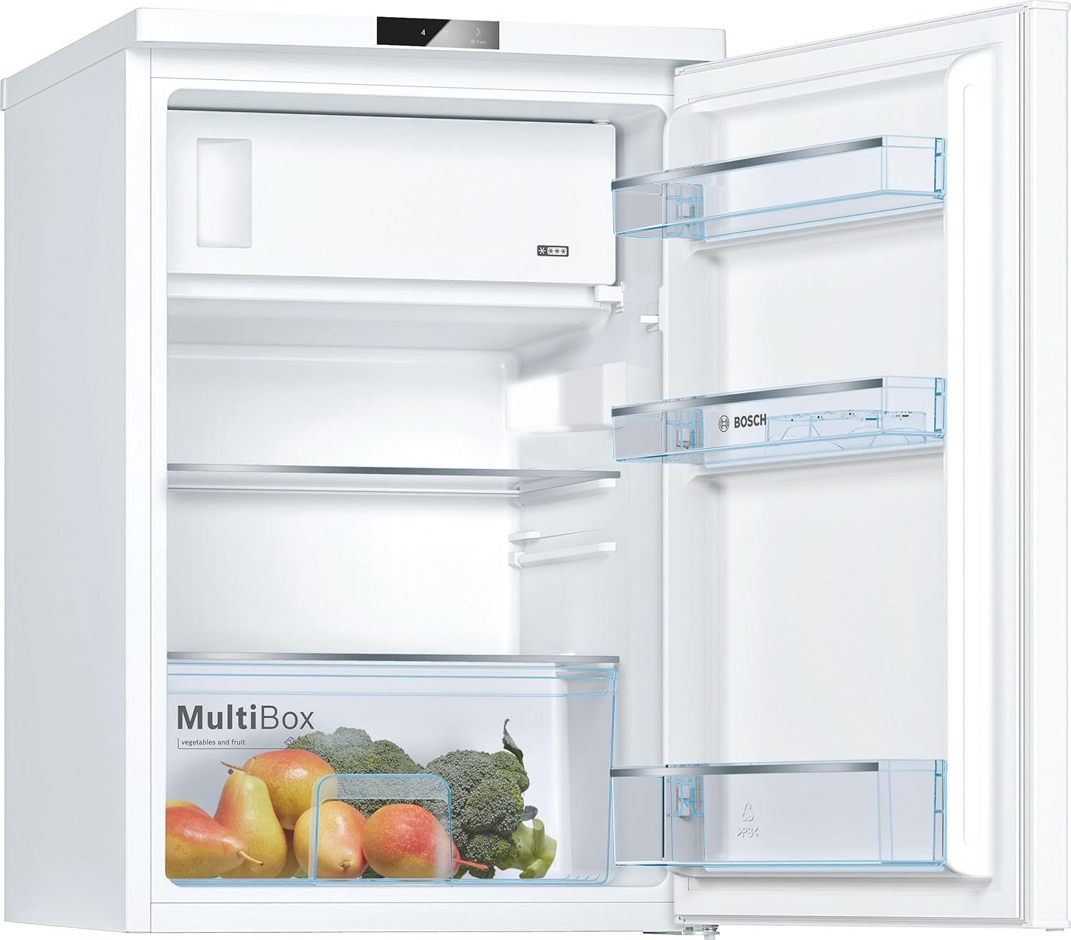 Bosch KTL15NWEB, Serie 2, Mini Kühlschrank, 106 L Kühlen & 14 L Gefrieren, 85 x 56 cm, MultiBox für Lagerung von Obst und Gemüse, LED-Beleuchtung, schneller kühlen mit der Super Kühlen-Funktion, Weiß