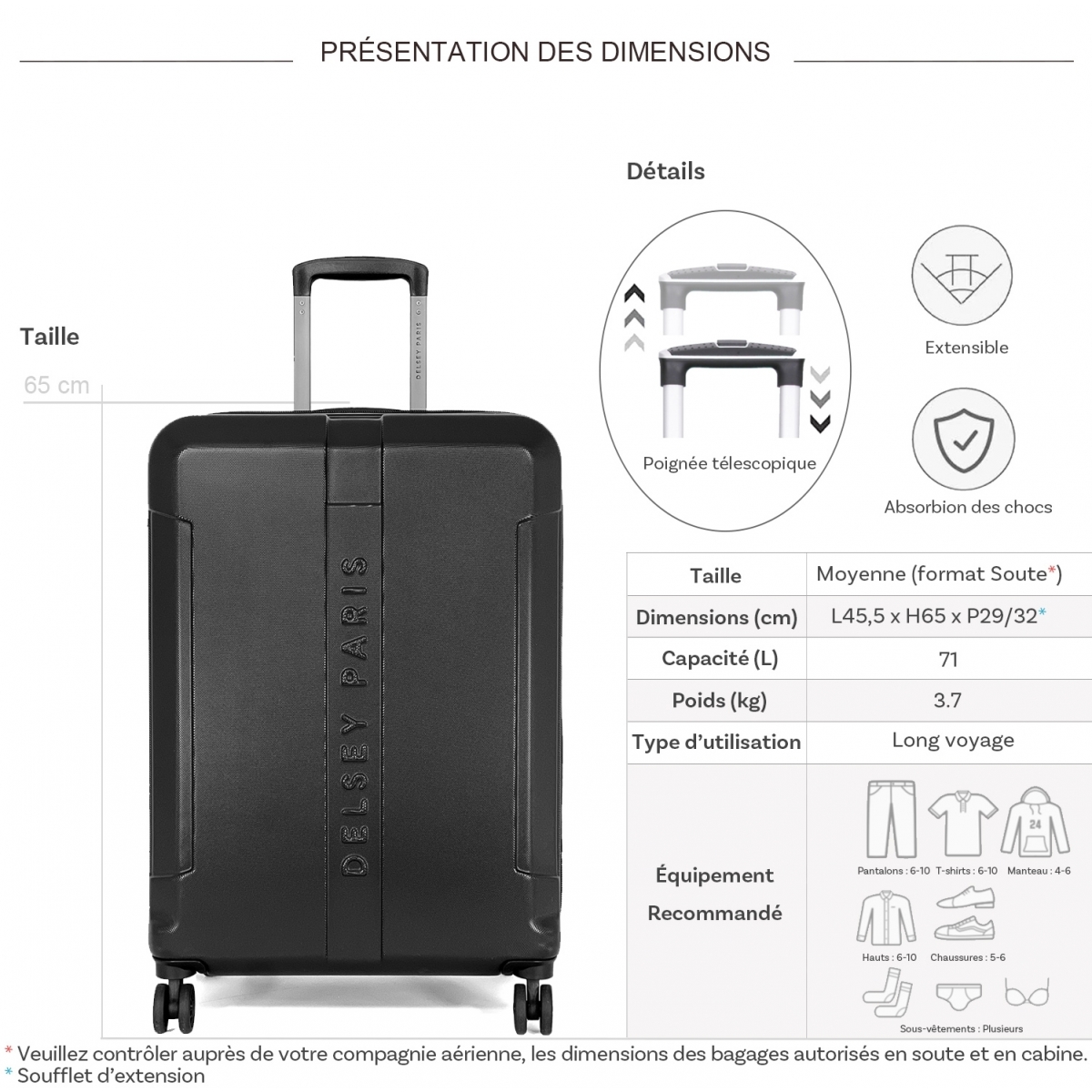 Delsey Valise moyenne rigide extensible Delsey Départ TSA 65cm