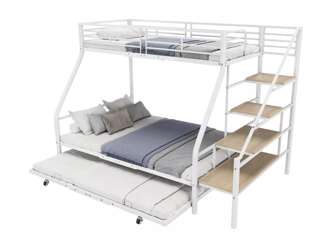 Lit superposé 90x200cm & 140x200cm - avec lit gigogne 90x190cm - cadre en fer - Blanc