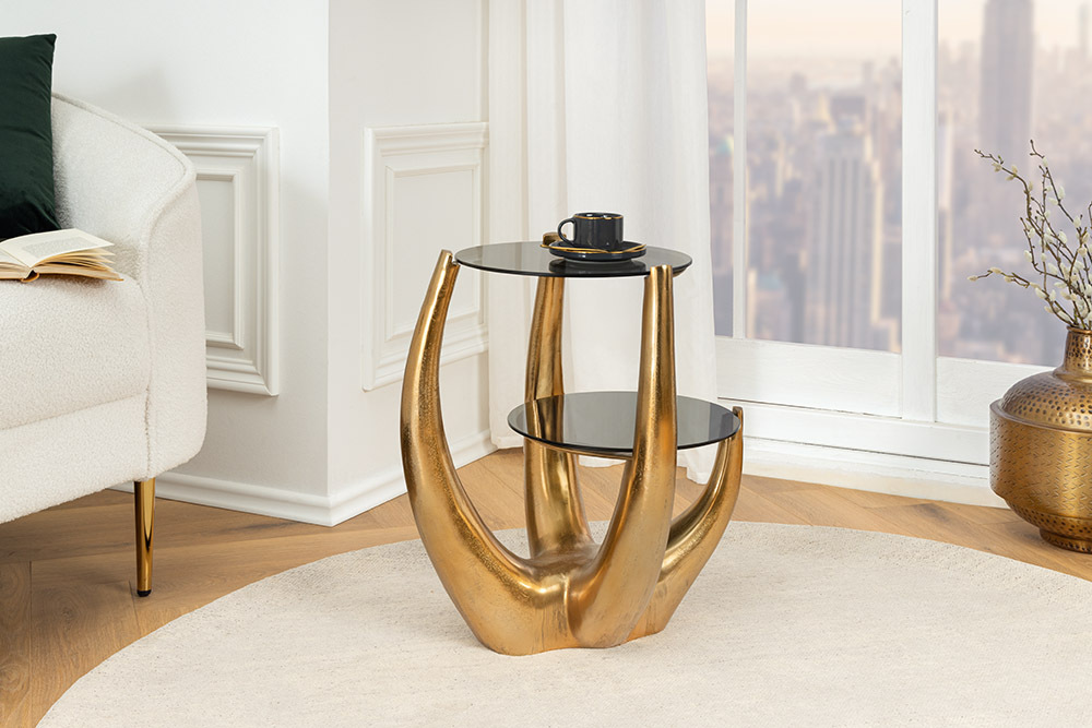 Handgefertigter Beistelltisch LEVELS 50cm gold antik Schwarzglas schwarz Metall