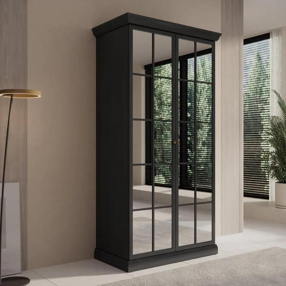 Meubella - Kledingkast Leroy - Zwart eiken - 102 cm - Met spiegel
