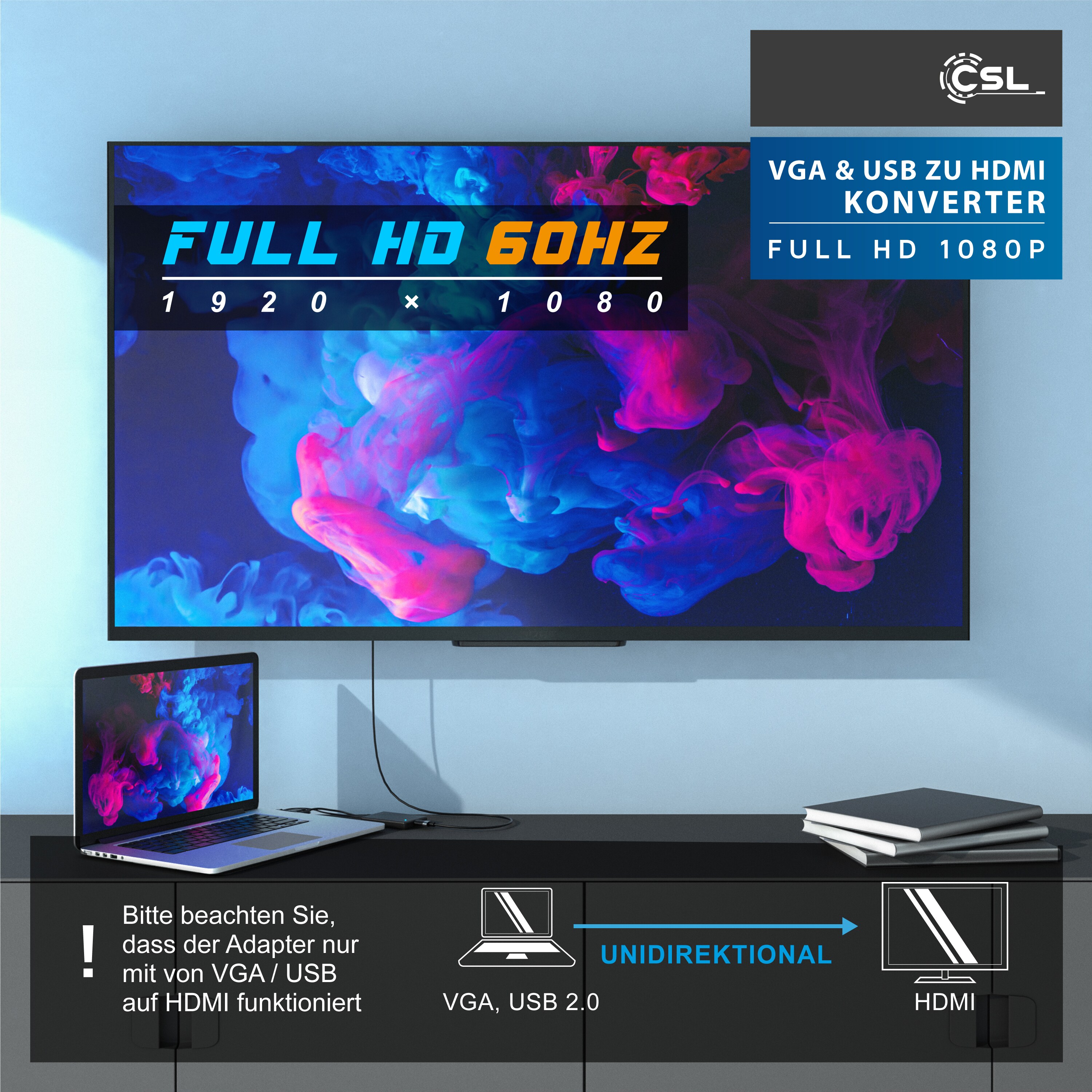 CSL Audio- & Video-Adapter VGA, USB Typ A zu HDMI, VGA zu HDMI Adapter, Konverter Kabel 1920x1080 Full HD 1080p
