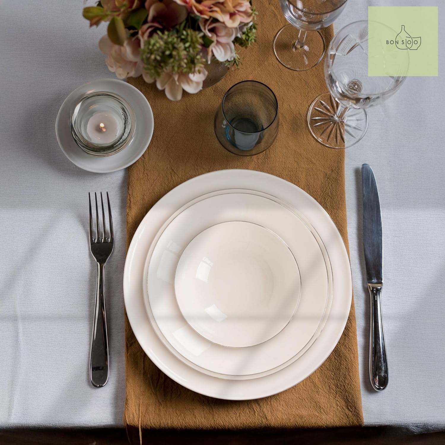 Premium Geschirrset 24-teilig aus edlem PORZELLAN für 6 Personen | 6x Große Essteller 27 cm, 6x tiefe Suppenteller, 6x Dessertteller und 6x Schüsseln | Cremeweiss mit Platinring
