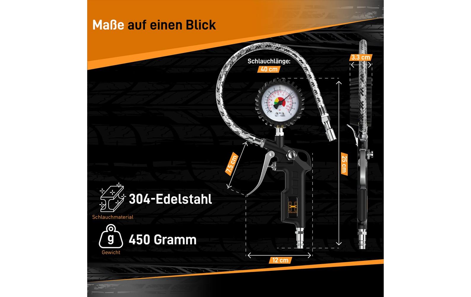 Druckluft-Reifenfüllmesser Messbereich: 012 barReifendruckprüfer für Auto, Motorrad, PKW, LKW