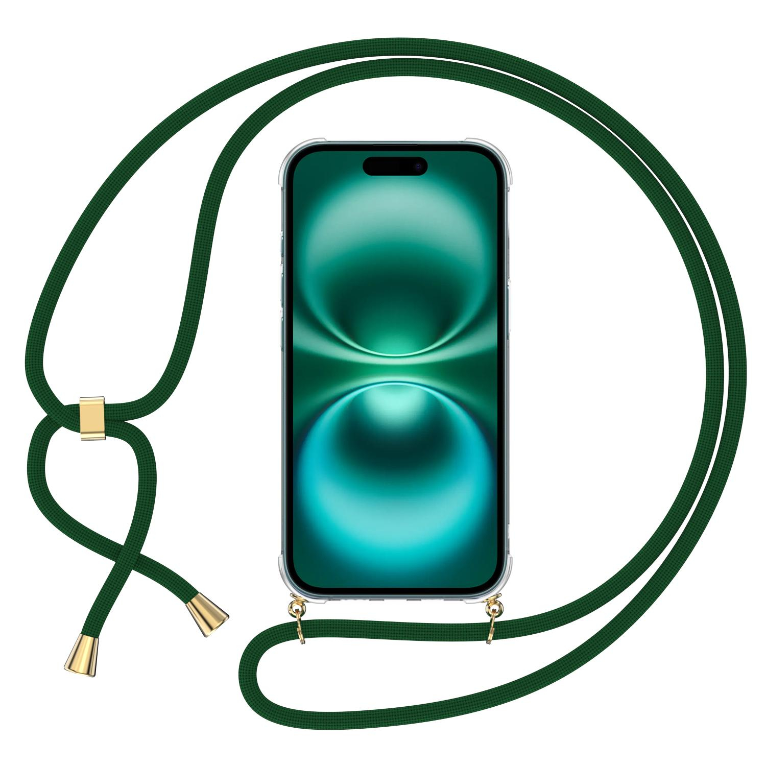 iPhone 16 Necklace Gummi Hülle Air Cushion Fallschutz   Handykette (150cm) - Dunkelgrün / Gold
