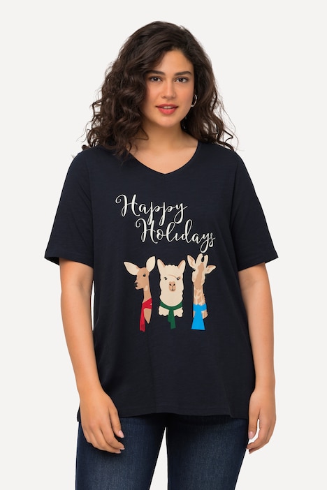 Weihnachts-Shirt, Tiere, A-Linie, V-Ausschnitt, Halbarm