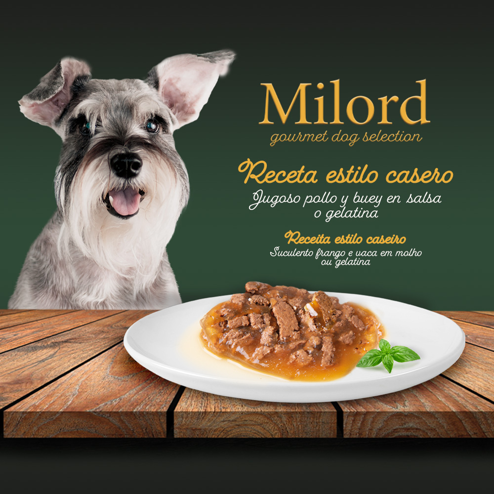 Sachês de Ração para Cães Milord Adult Homestyle Recipe em Gelatina com Frango e Carne - Pacote com Vários
