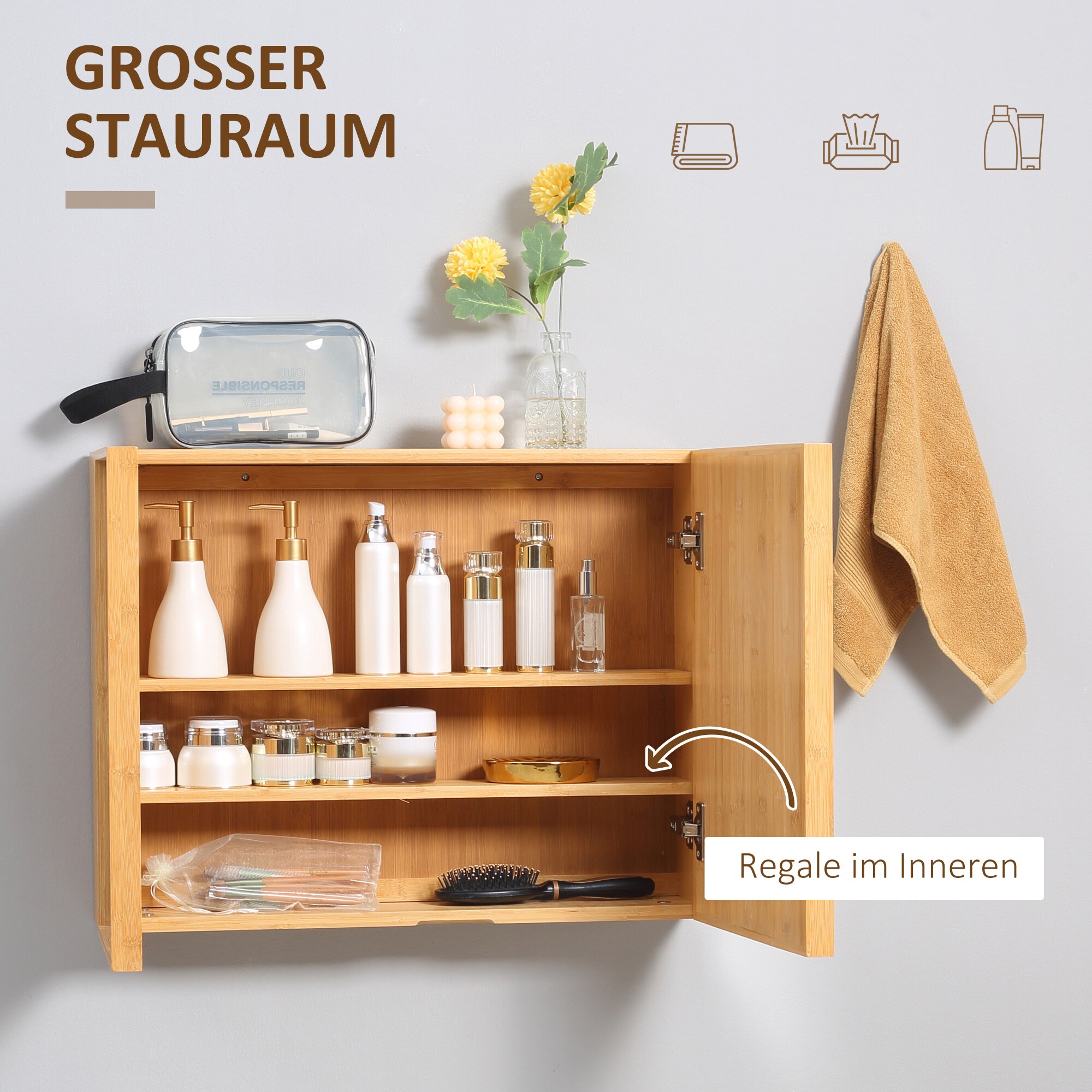 kleankin Spiegelschrank mit Innenregal natur 65,2L x 14B x 50H cm