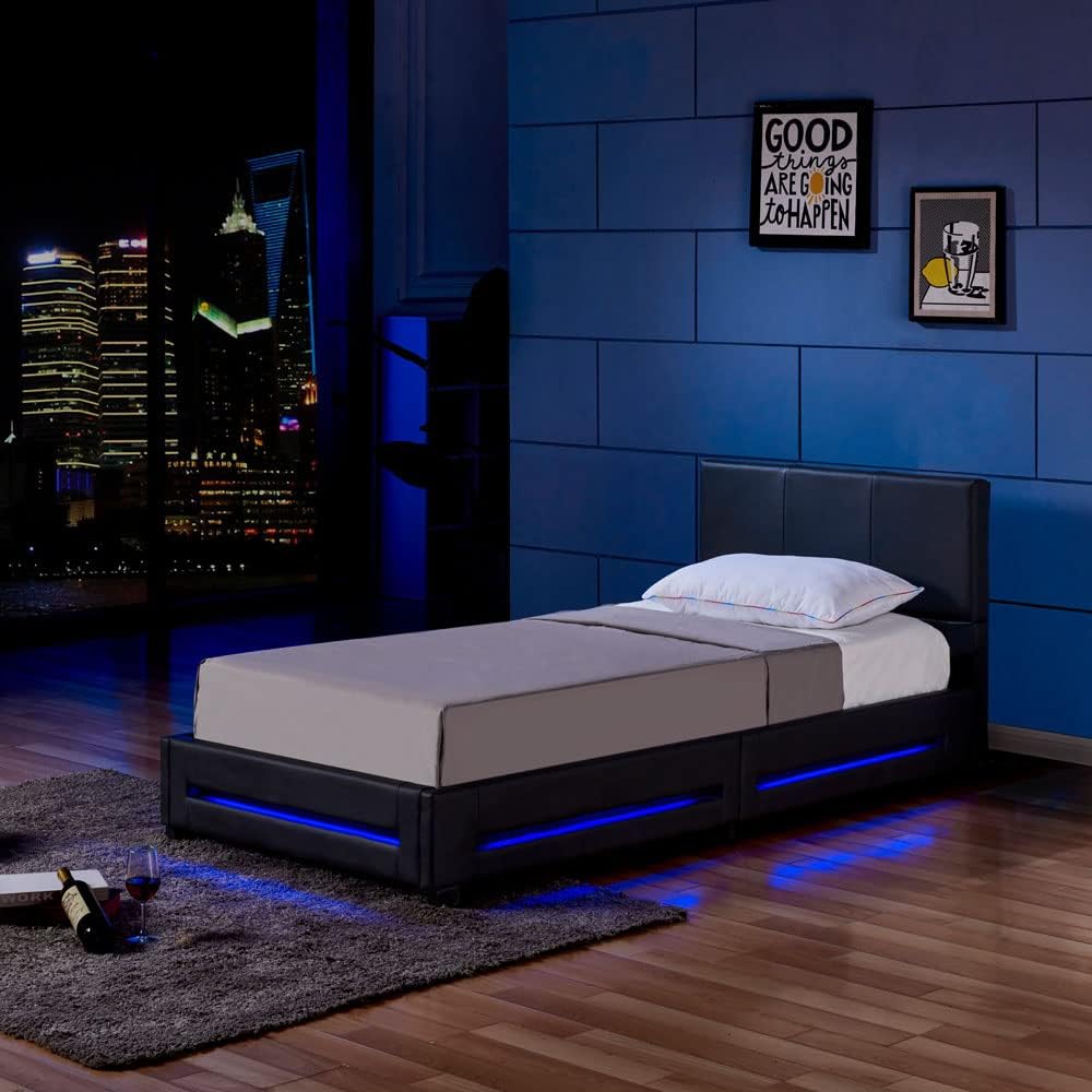 Home Deluxe - LED Bett Asteroid - Schwarz, 90 x 200 cm - inkl. Lattenrost I Polsterbett Design Bett inkl. Beleuchtung