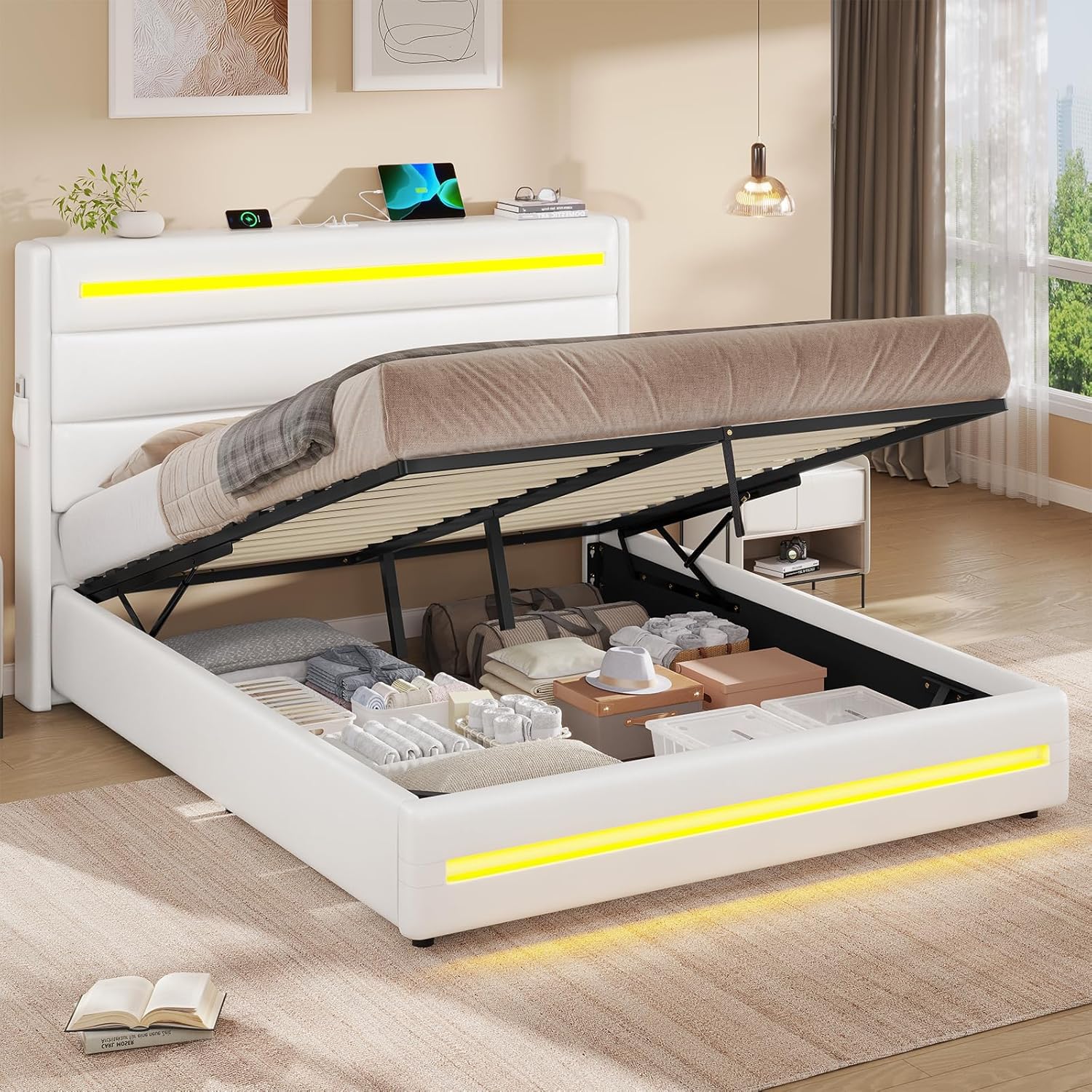 Bett 160X200 mit LED-Beleuchtung, Hydraulisches Bett 160x200 cm, Polsterbett Doppelbett, Bettgestell mit Stauraum und Lattenrost, Schlafzimmer, PU weiß