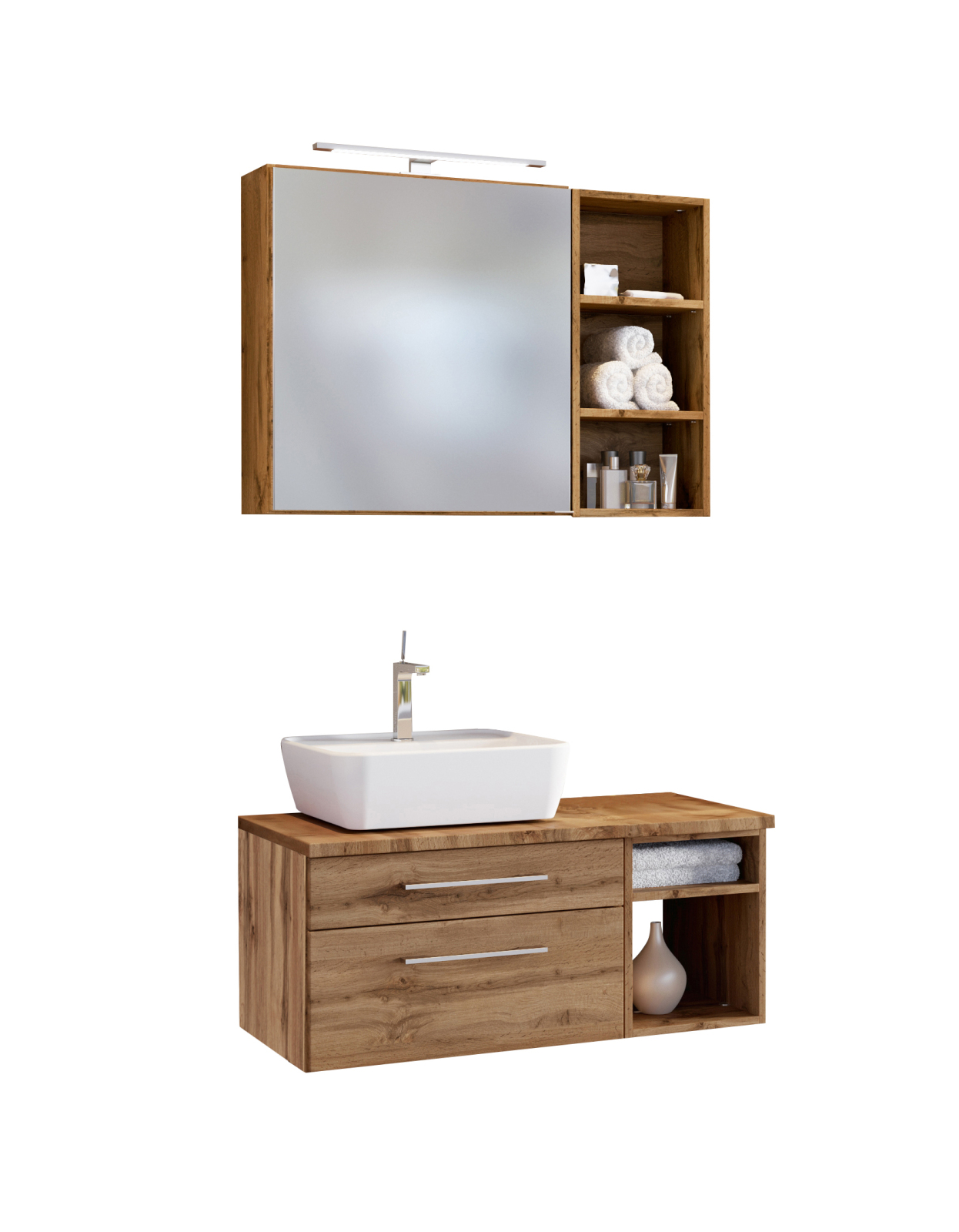 3-teiliges Badmöbel-SetDAVOS - Wotaneiche - 90 cm breit - Becken links