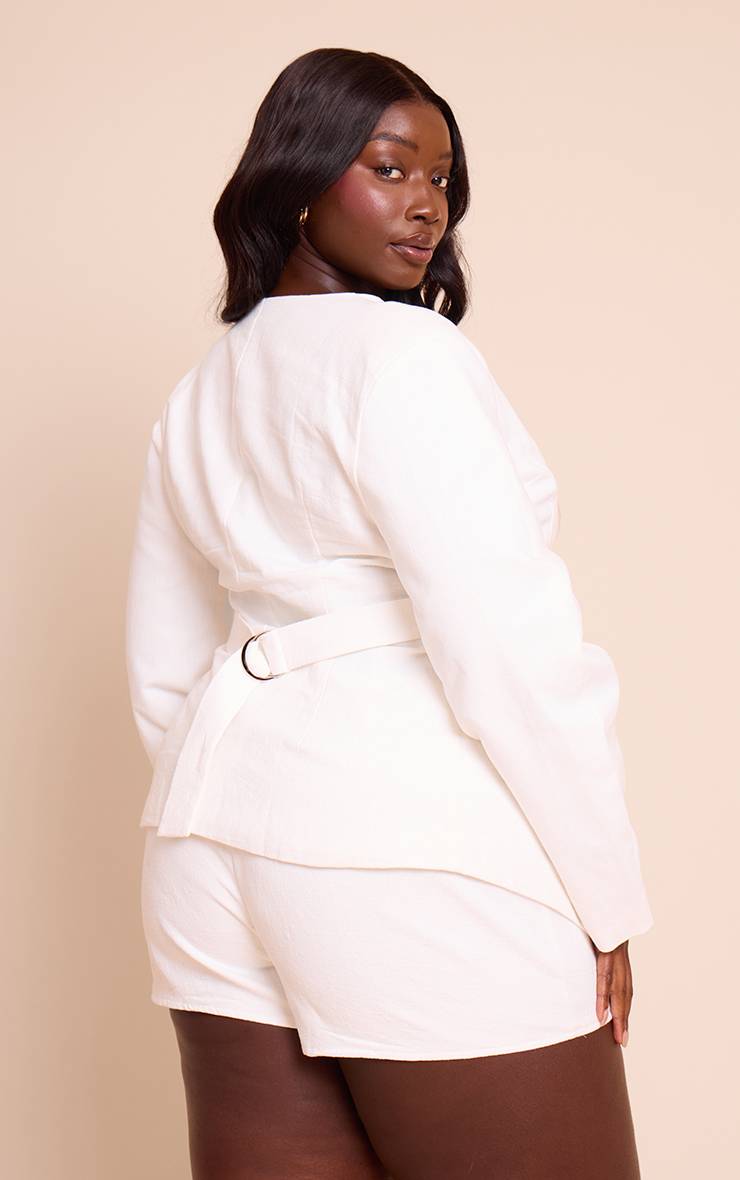 Blanc Blazer Coordonné Grande Taille En Lin Premium Ajusté À Manches Cocon Et Taille Cintrée