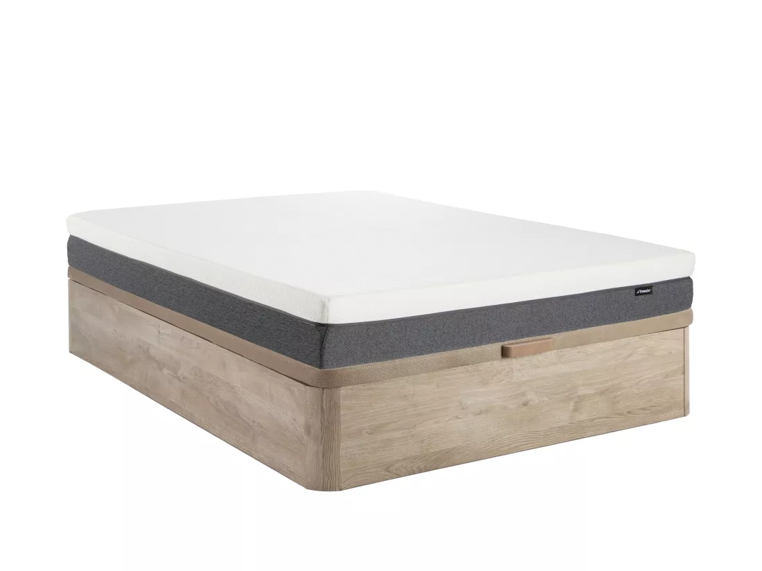 Ensemble 140 x 190 cm sommier coffre naturel clair + matelas hybride ressorts ensachés accueil mémoire de forme et mousse 7 zones déhoussable ép.25cm - KEPUR de YSMÉE