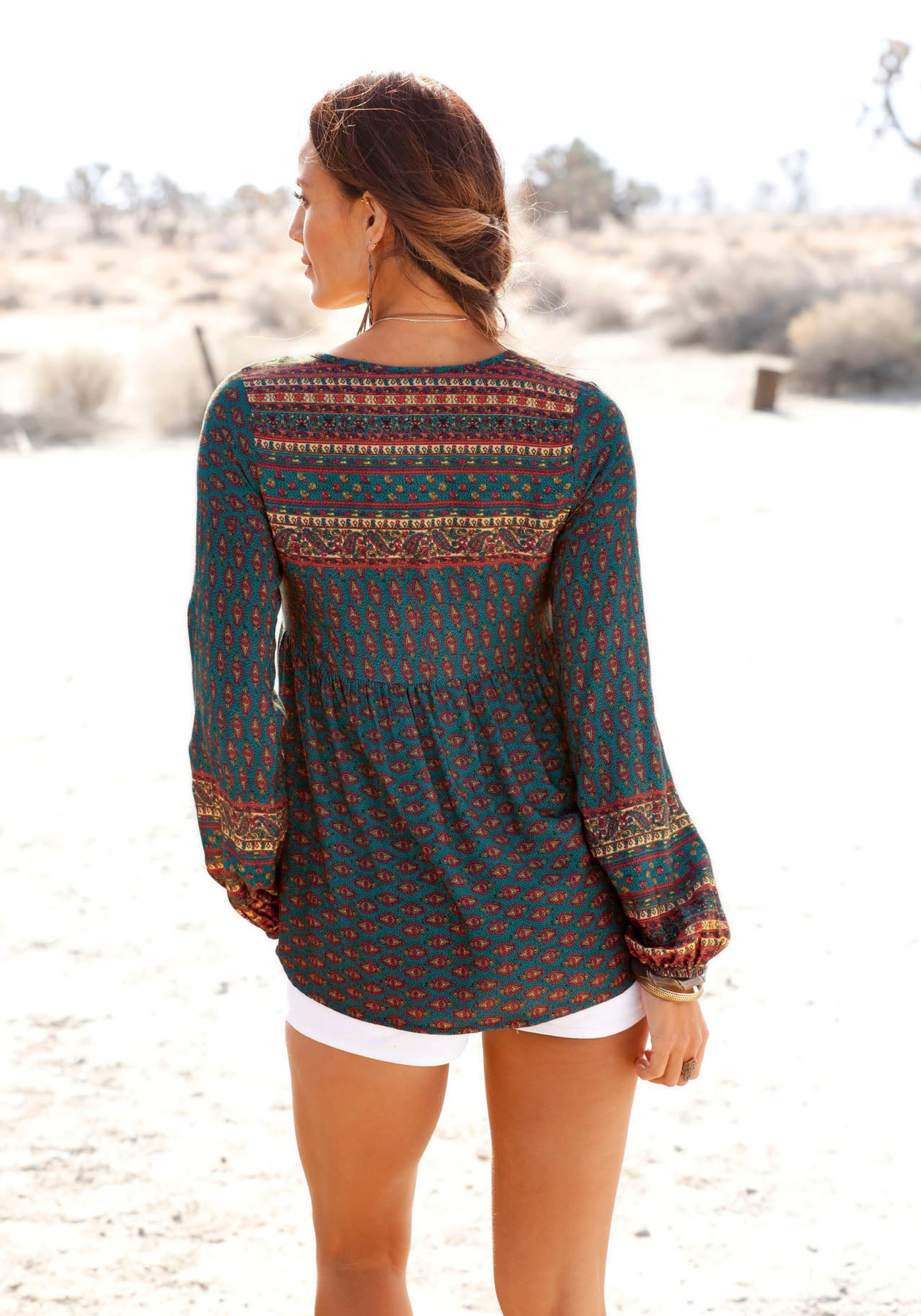 Buffalo Schlupfbluse mit Ethnodruck und Zierperlen, Boho-Style, Langarmbluse