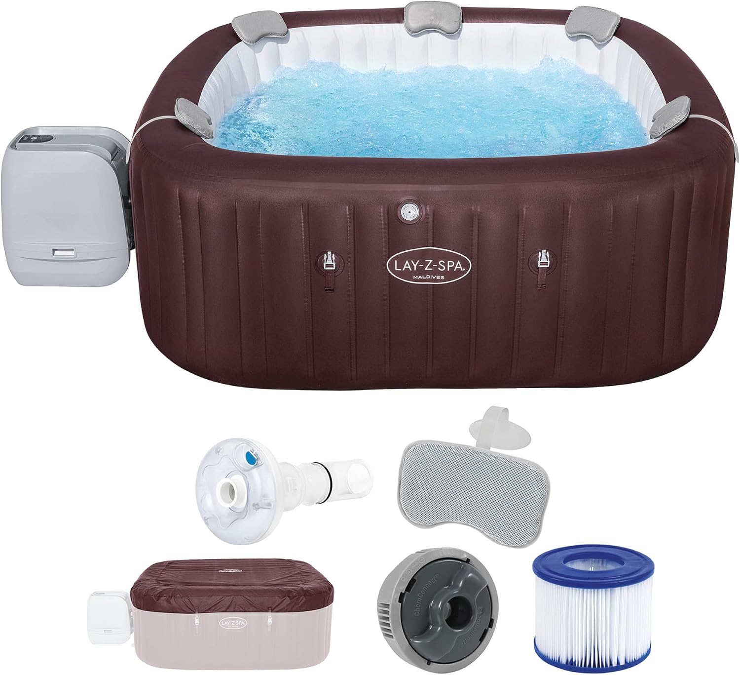Bestway LAY-Z-SPA Energiespar-Whirlpool Maldives HydroJet Pro, 201 x 201 x 80 cm, 7 Personen, Heizung, Frostwächter, 8 HydroJet-Düsen, 180 AirJet-Düsen, App-Steuerung, Thermo-Abdeckung, Mahagoni, LEDs