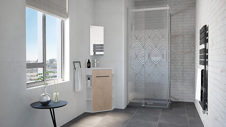 Meuble d’angle tout en un compact H.84 x l.46 cm, blanc mat, porte décor bois, Nova