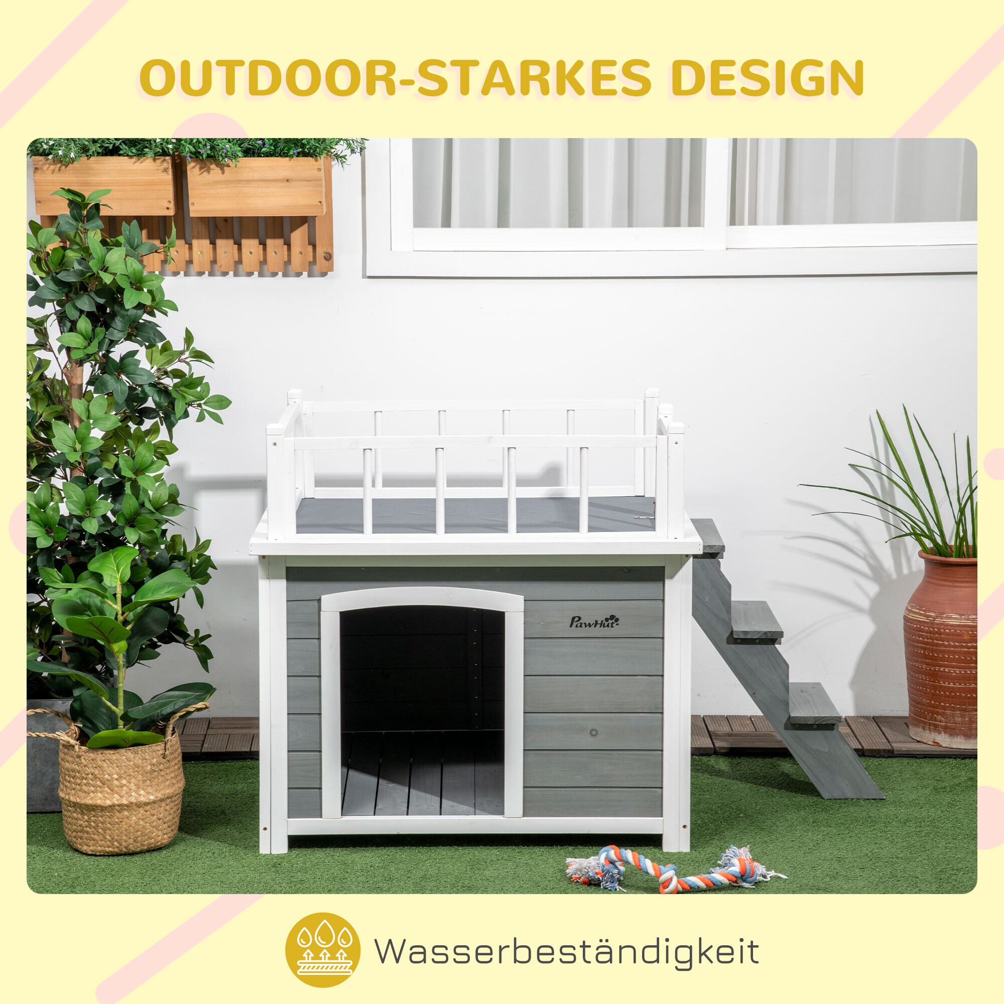 PawHut Hundehütte mit Treppe grau 121L x 77B x 78H cm
