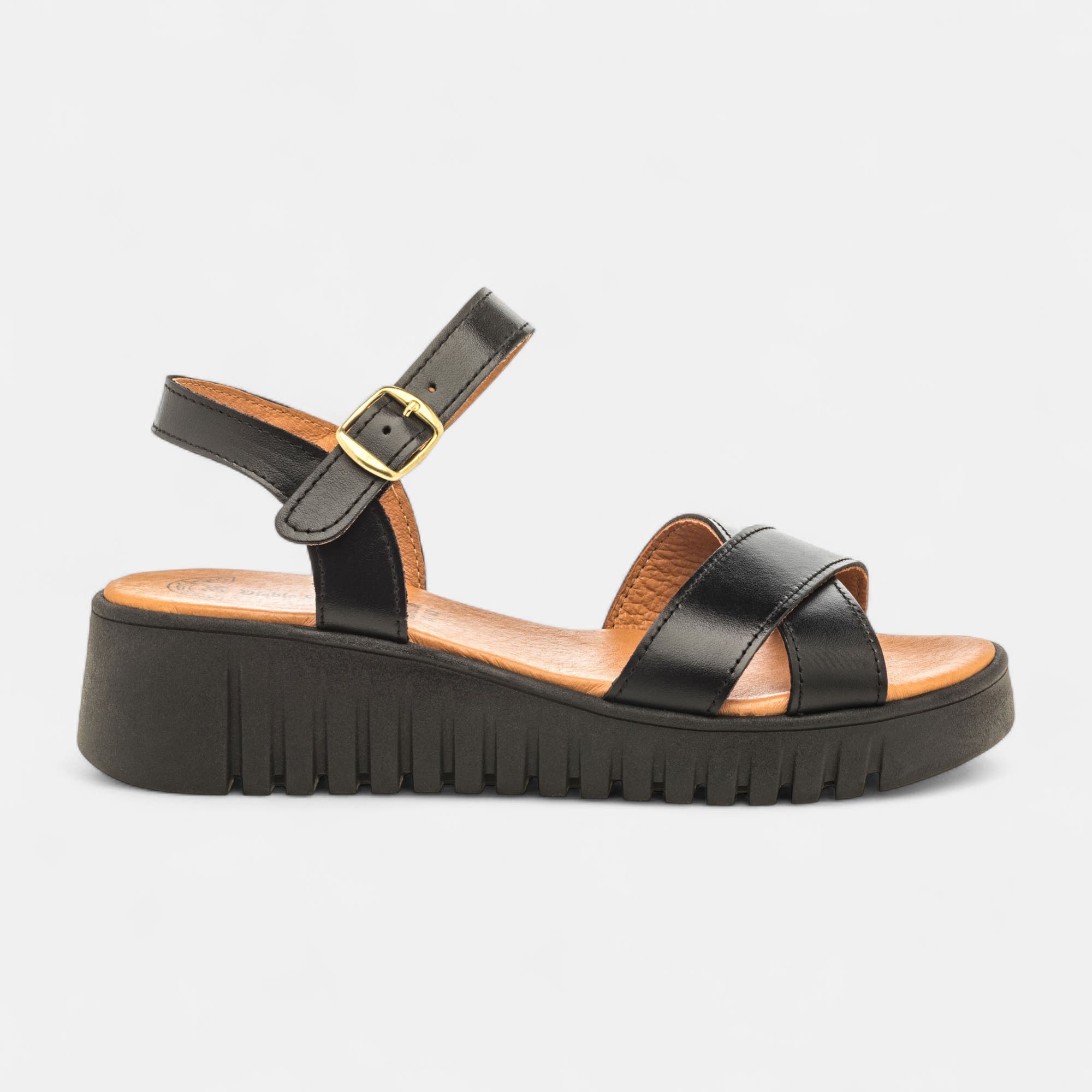 Sandales à talon compensé Femme en cuir noir