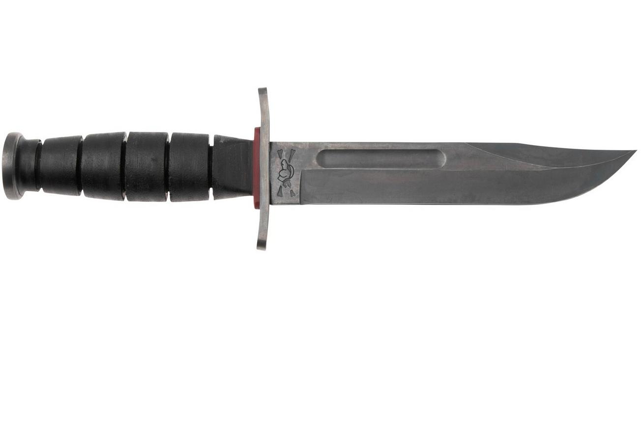 KA-BAR State & Union Dogshead Red Spacer SU6417DH, Gun Blued 1095CV, Stacked Leather, vaststaand mes