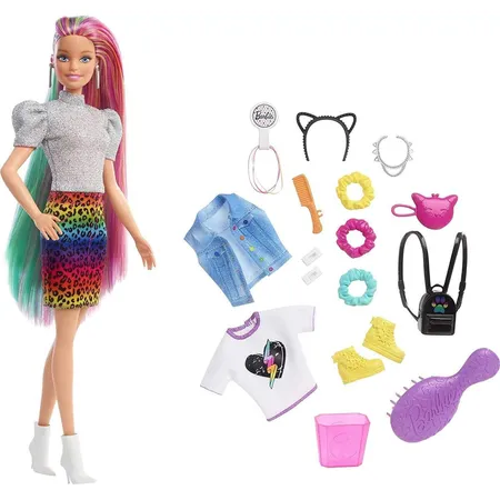 Barbie Leoparden Regenbogen-Haar Puppe mit Farbwechseleffekt, 16 Zubehörteilen