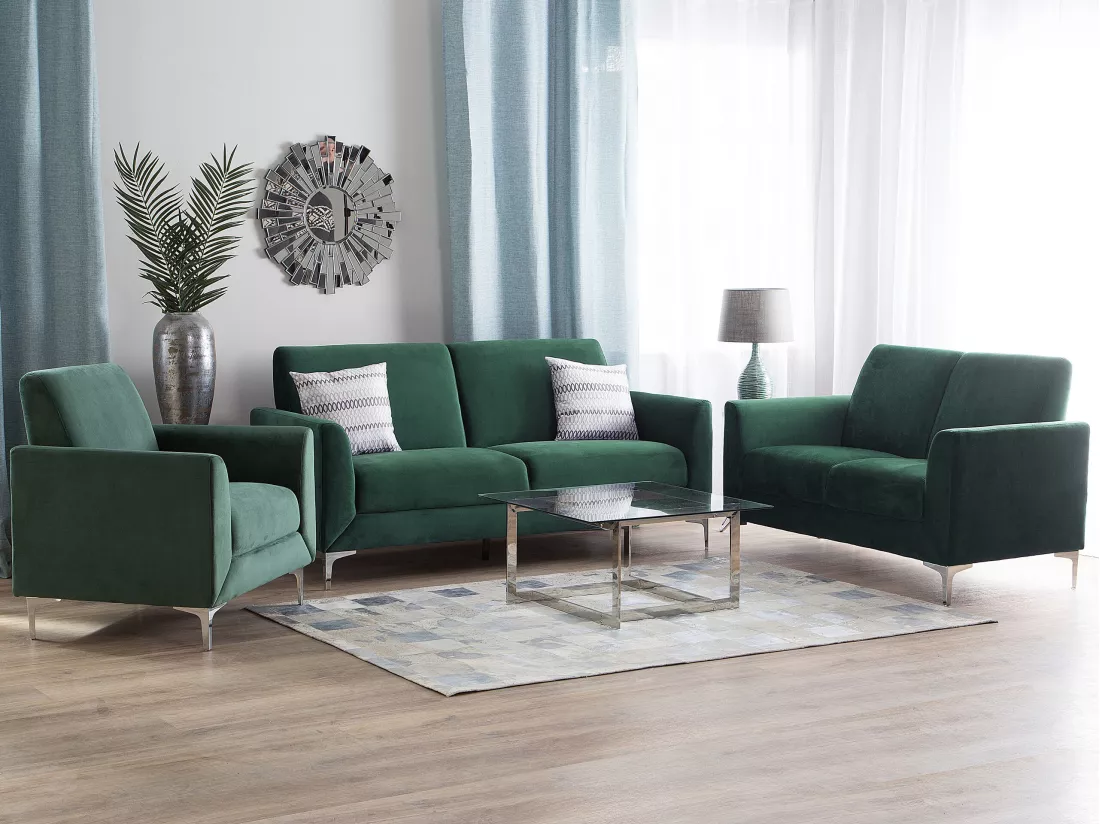 Ensemble canapés et fauteuil en velours vert 6 places FENES