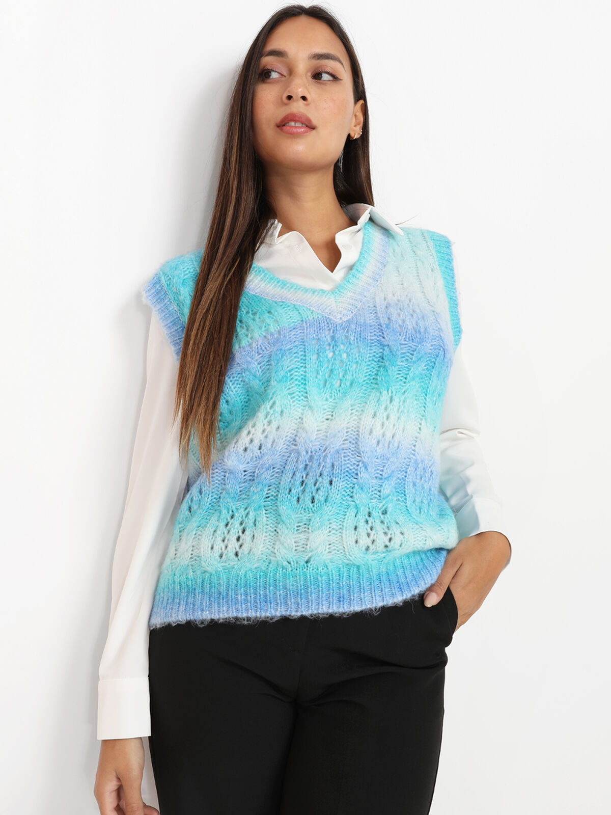 Pull sans manches effet tie dye à col V- Bleu clair
