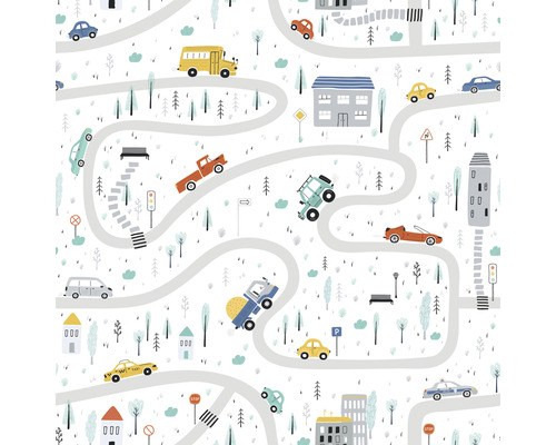 Vliesbehang 45844 Kids Walls Cars Street rood geel blauw grijs