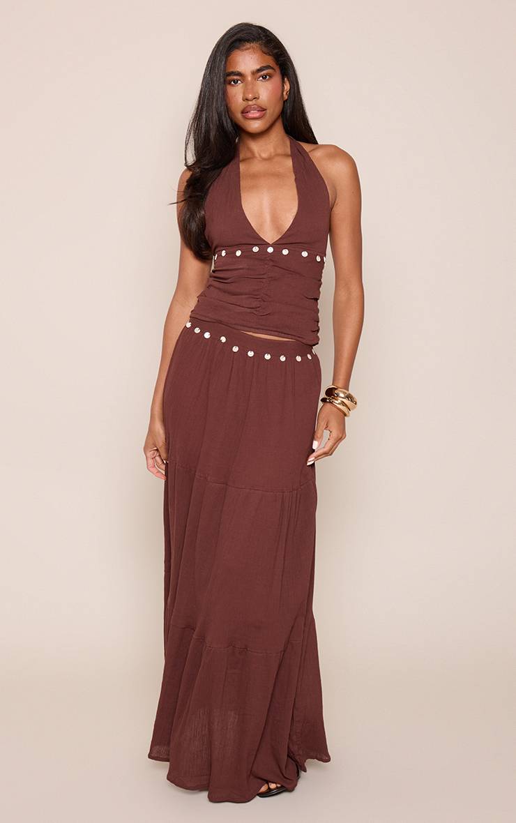 Marron Foncé Ensemble Haut Dos Nu Avec Détails Sequins En Coton