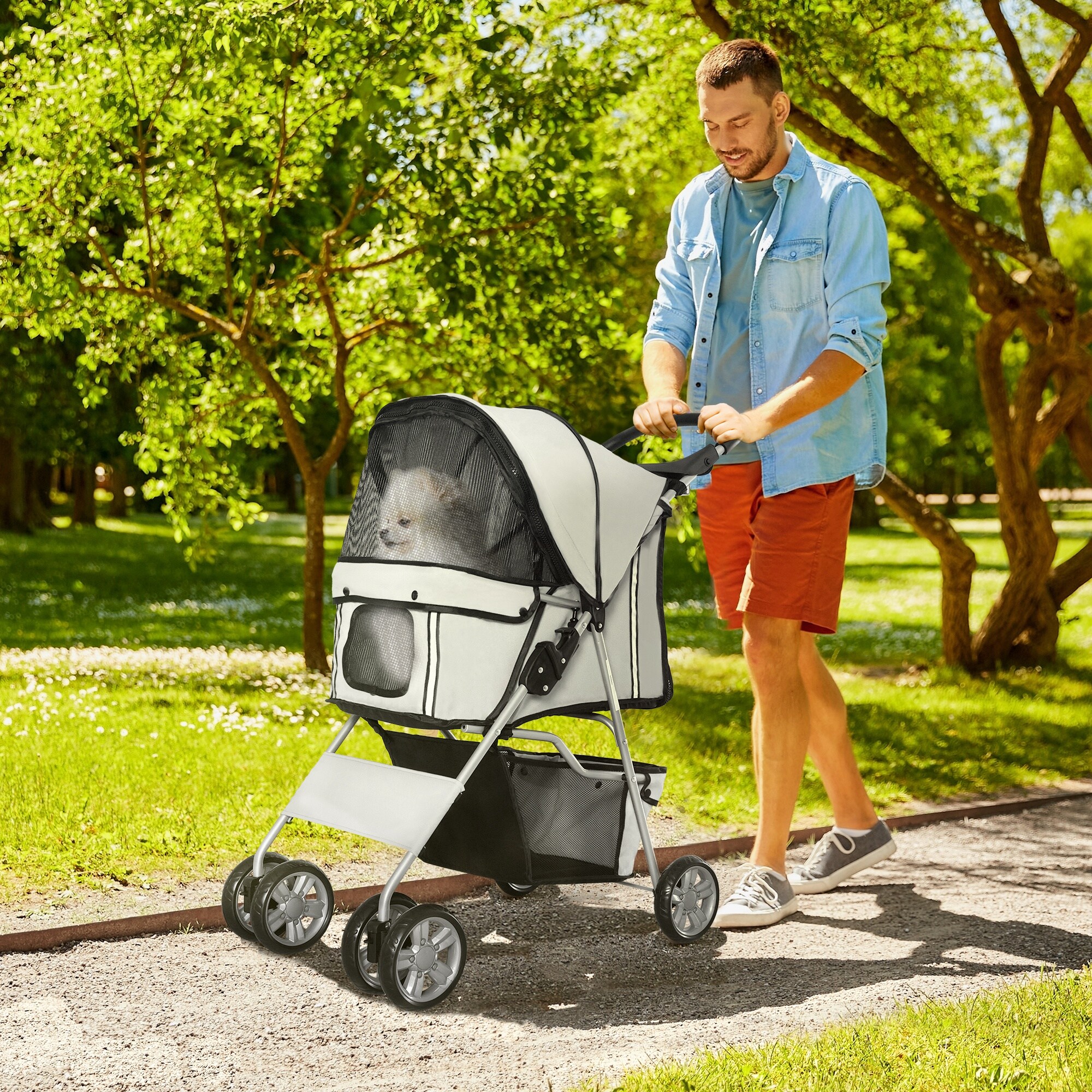 PawHut Hundewagen mit Gitternetz grau, schwarz 75 x 45 x 97 cm (LxBxH)