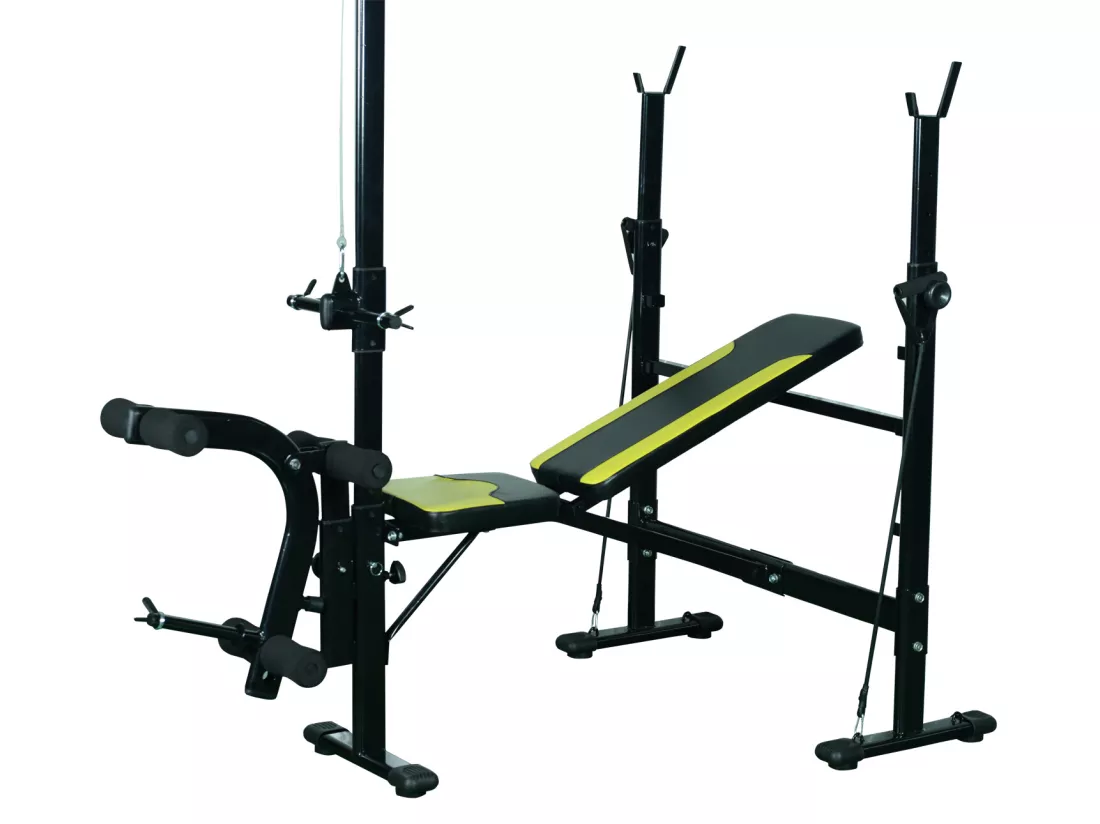 Banc de musculation Fitness entrainement complet dossier réglable cordes traction curler supports barre et haltères noir et jaune