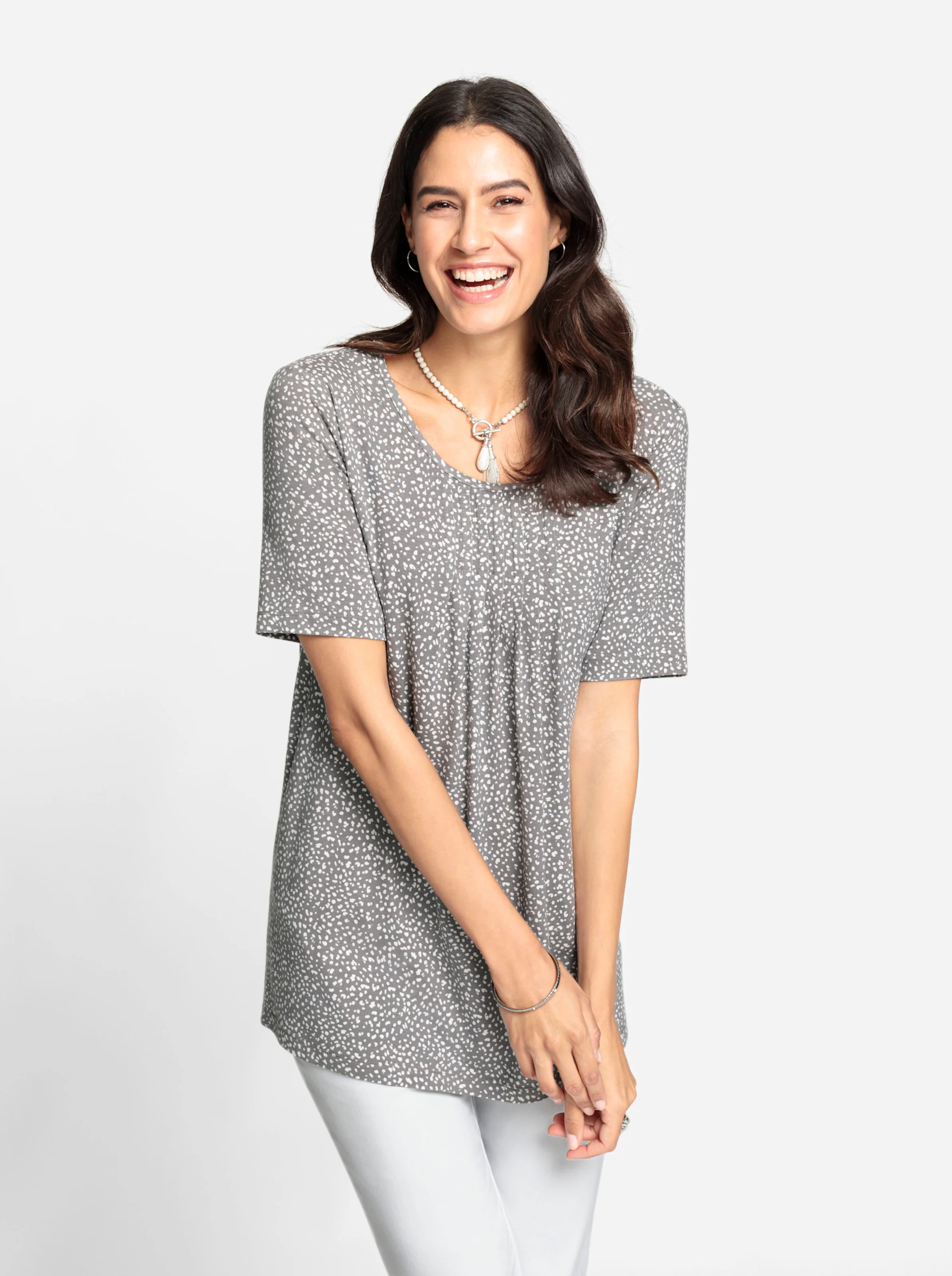 Tunikashirt in grau-weiß-bedruckt
