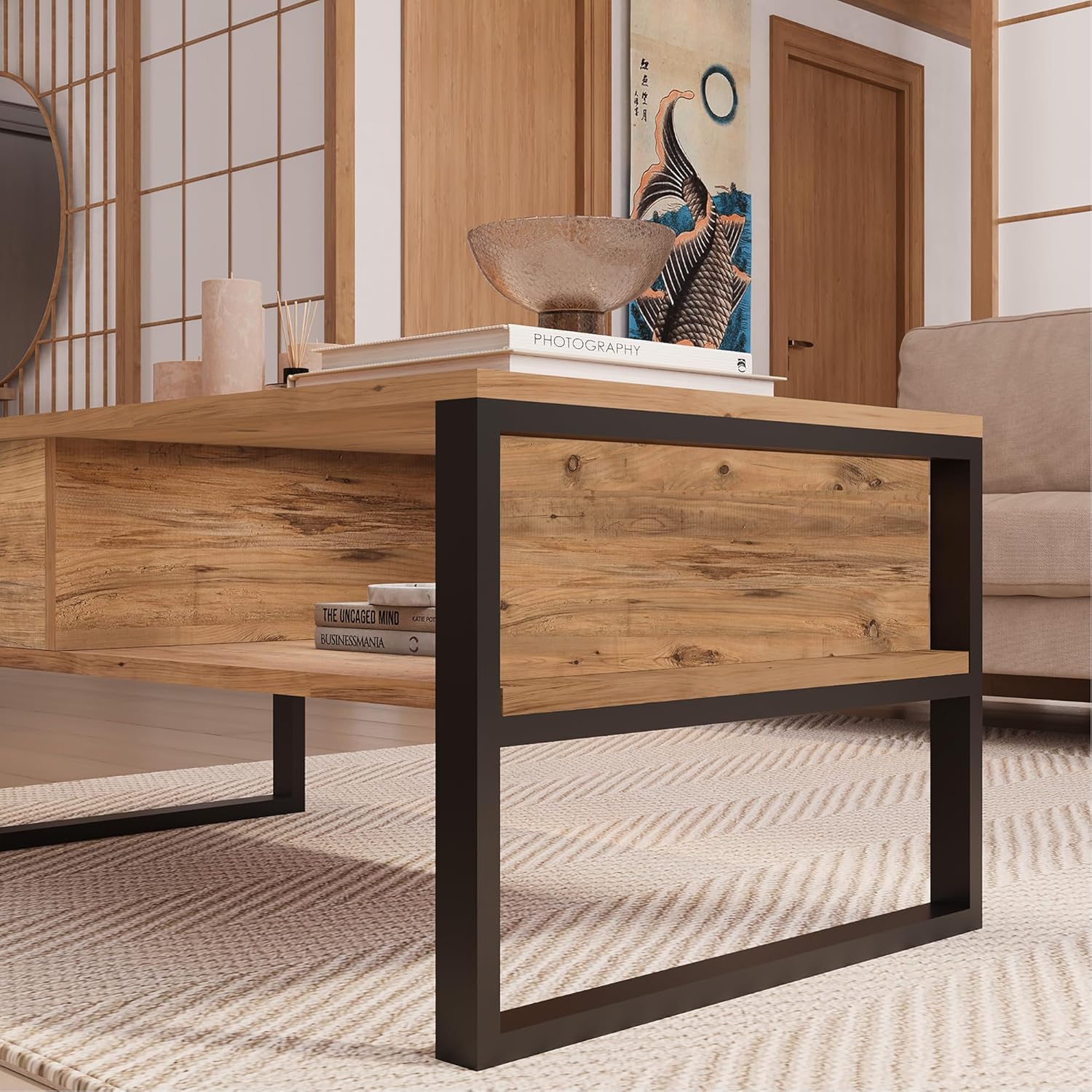 [en.casa] Couchtisch Laukaa Wohnzimmertisch Tischplatte rechteckig Beistelltisch 100 x 60 x 45 cm Sofatisch Stauraum Eicheoptik rustikal