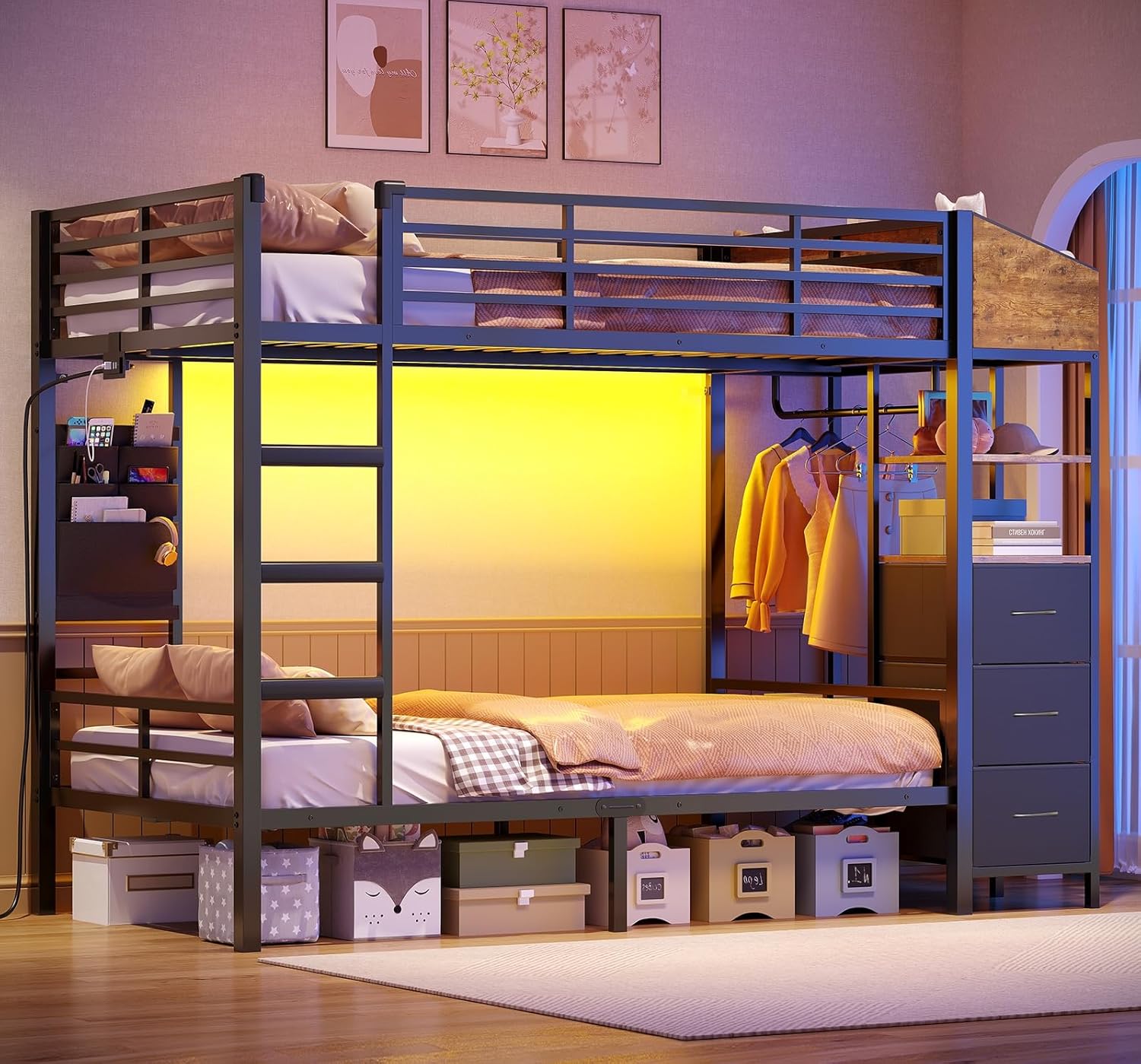 AOGLLATI Hochbett 90x200cm mit LED Beleuchtung und Ladestation Kinderbett 90x200 mit Treppe und Rausfallschutz Platzsparendes Kinder Etagenbett Jugendbett mit Garderobenständer und Stauraum