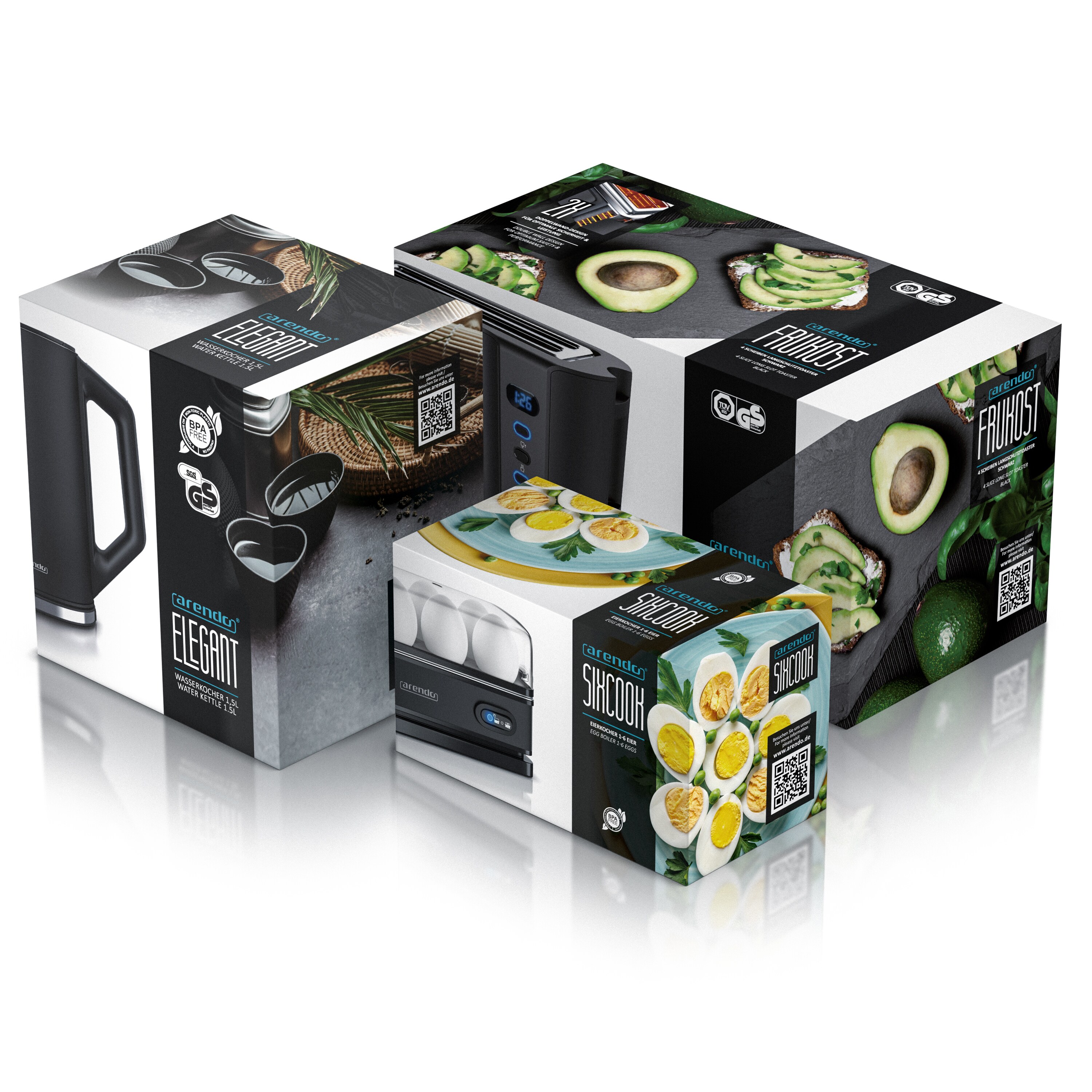 Arendo Frühstücks-Set Wasserkocher 1,5l, 4-Scheiben Toaster, 6er Eierkocher, Schwarz