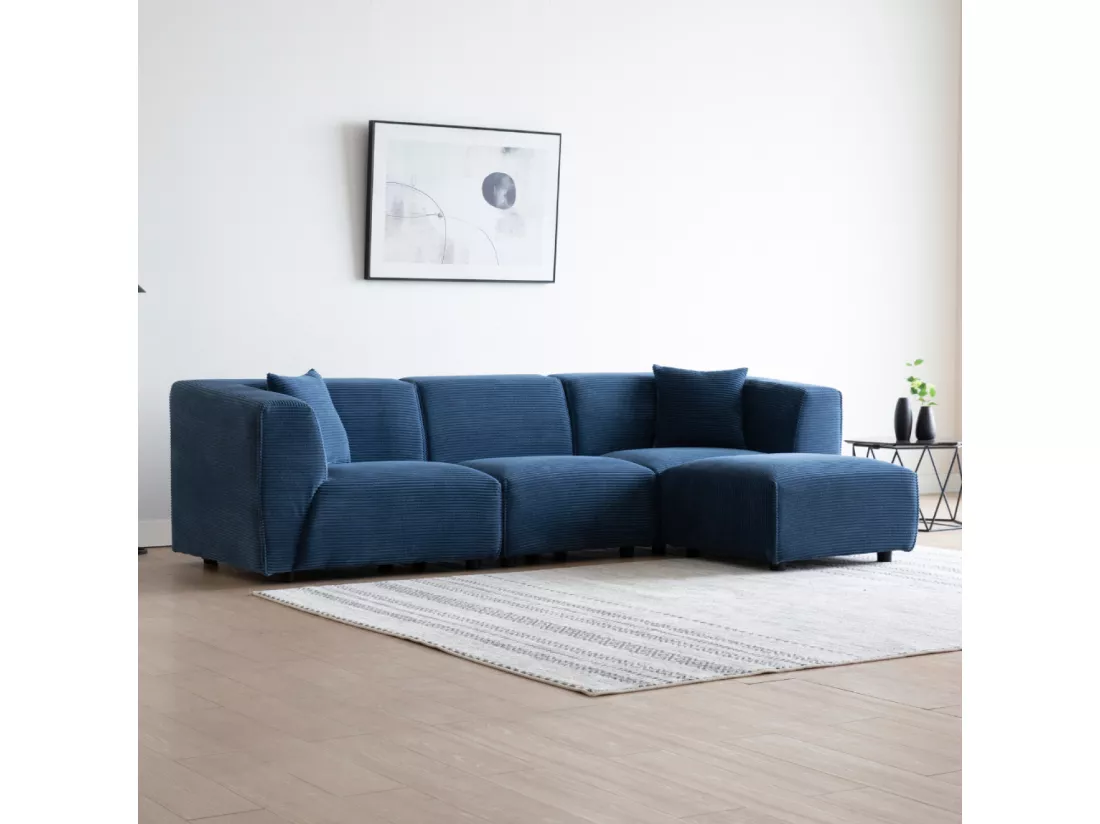 Canapé modulable 4 places: canapé droit 3 places + 1 pouf velours côtelé bleu Monroe