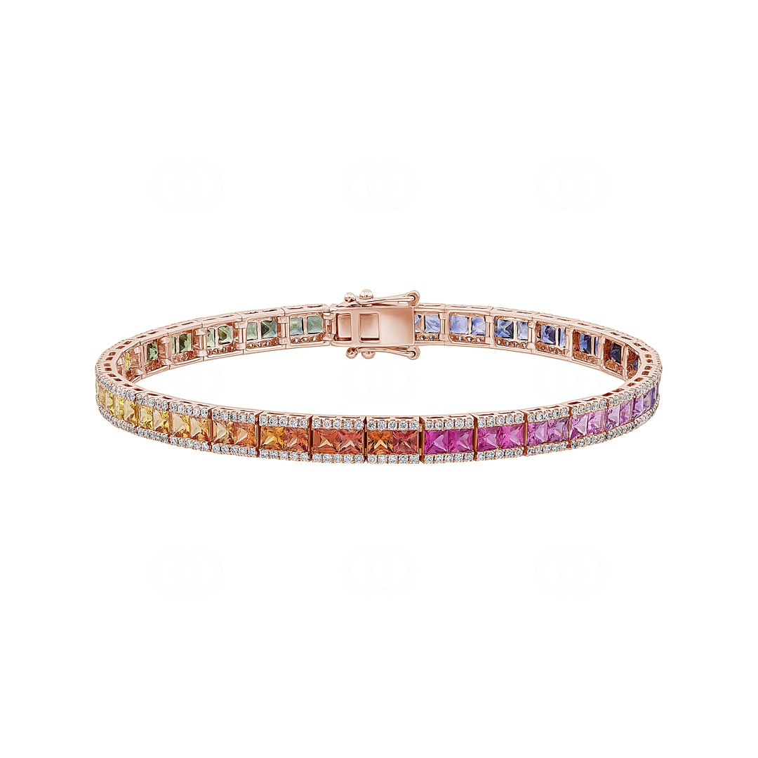 Rainbow Saphir Tennisarmband 750/18 K Roségold mit Diamanten 1.21 ct H/si