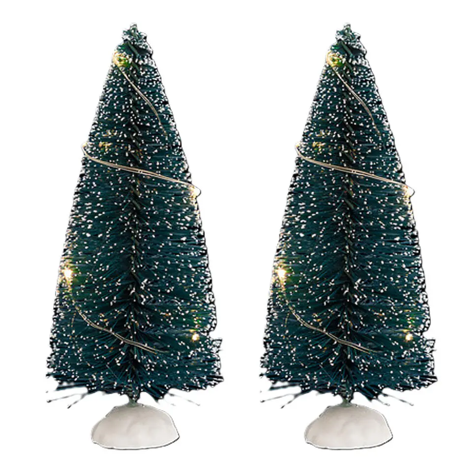 Feeric Christmas Kerstdorp mini boompjes - 2x - 15 cm - verlicht