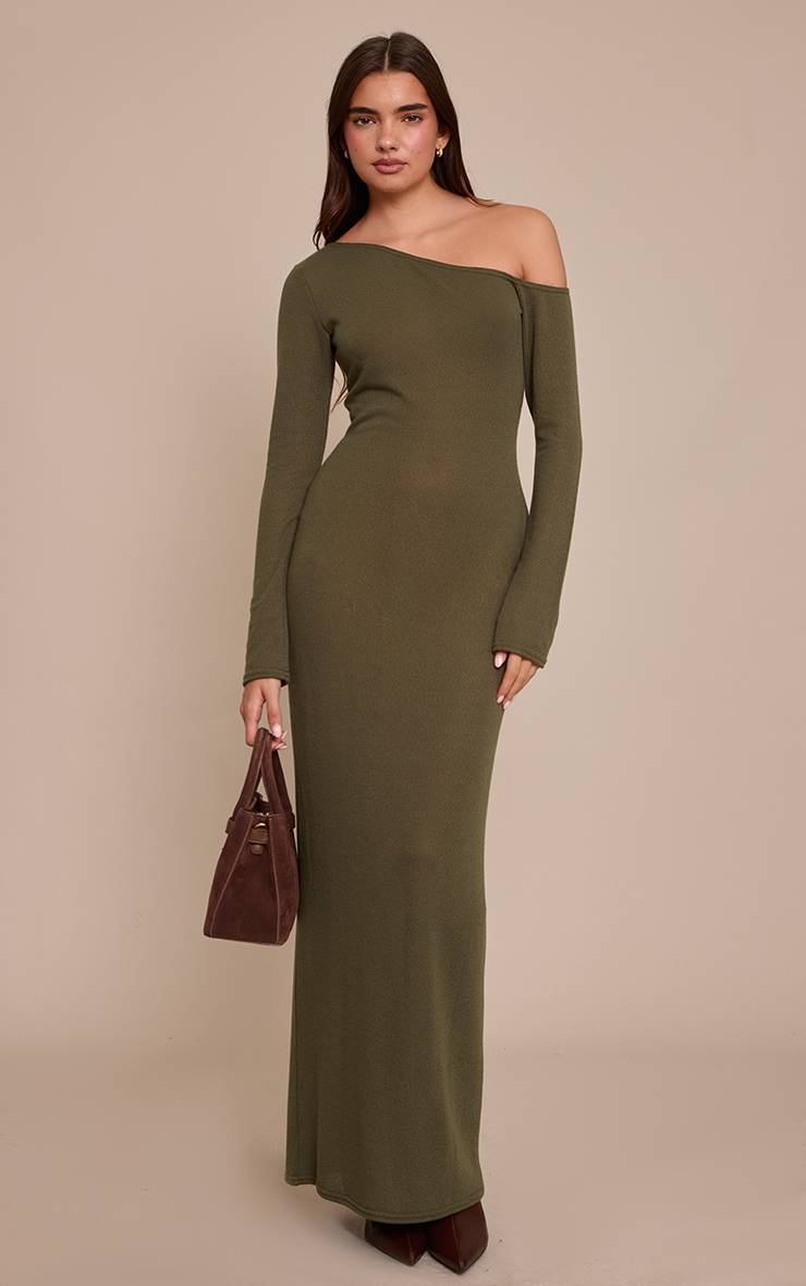 Kaki Robe Longue Asymétrique À Manches Longues En Jersey Texturé