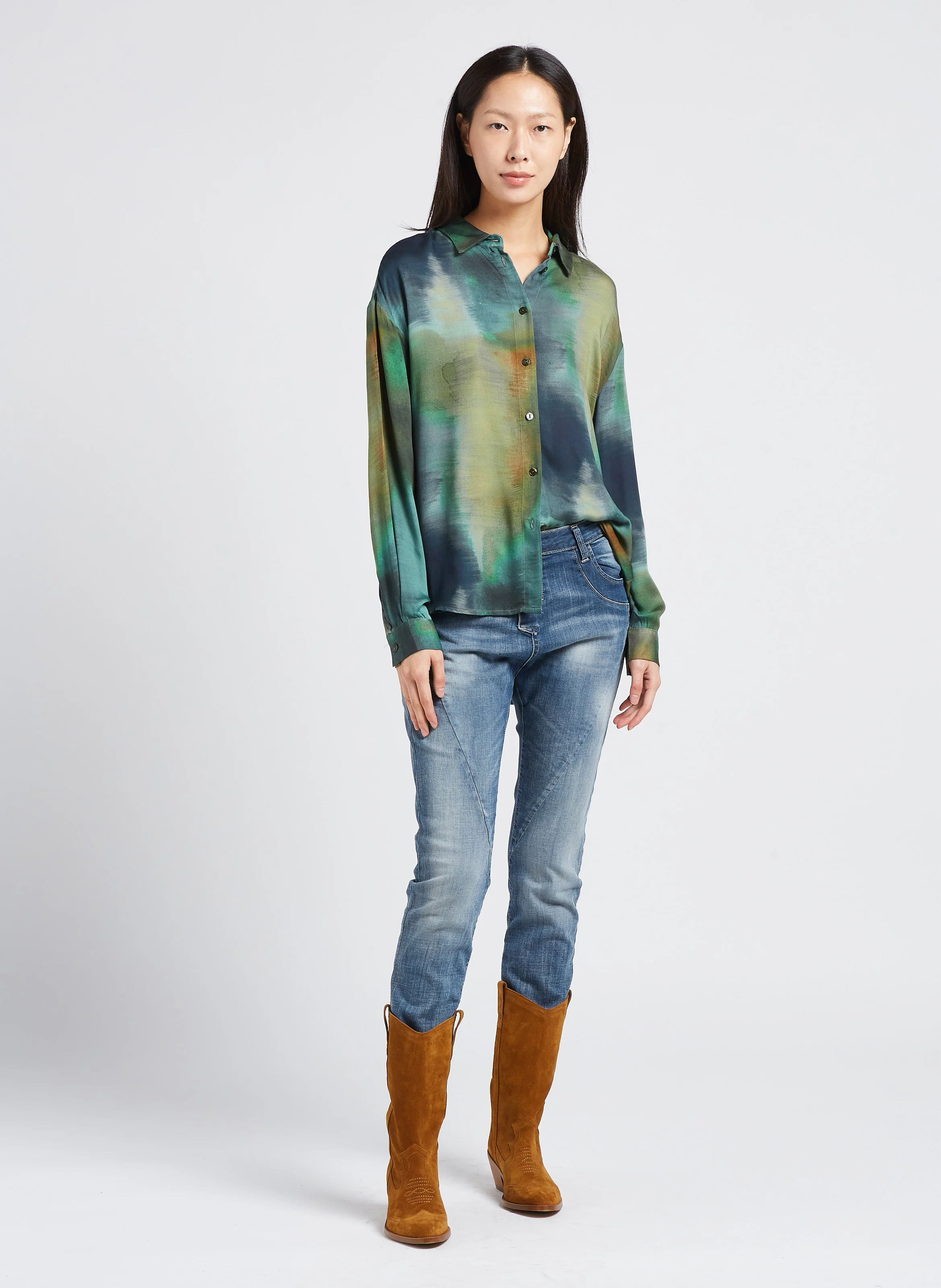 Jean mom en coton mélangé | Bleu