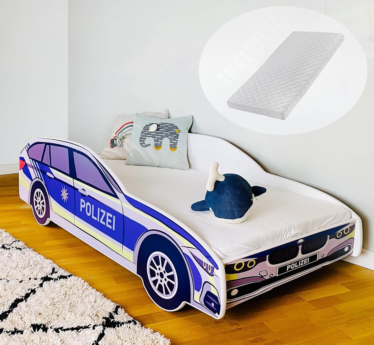 Kids Collective Autobett 70x140 cm Spielbett Kinderbett mit Matratze Rausfallschutz und Lattenrost 140 x 70 Bett Kinder Polizei Auto Wagen