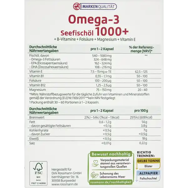 Omega-3 Seefischöl 1000+ B-Vitamine + Folsäure + Magnesium + Vitamin E
