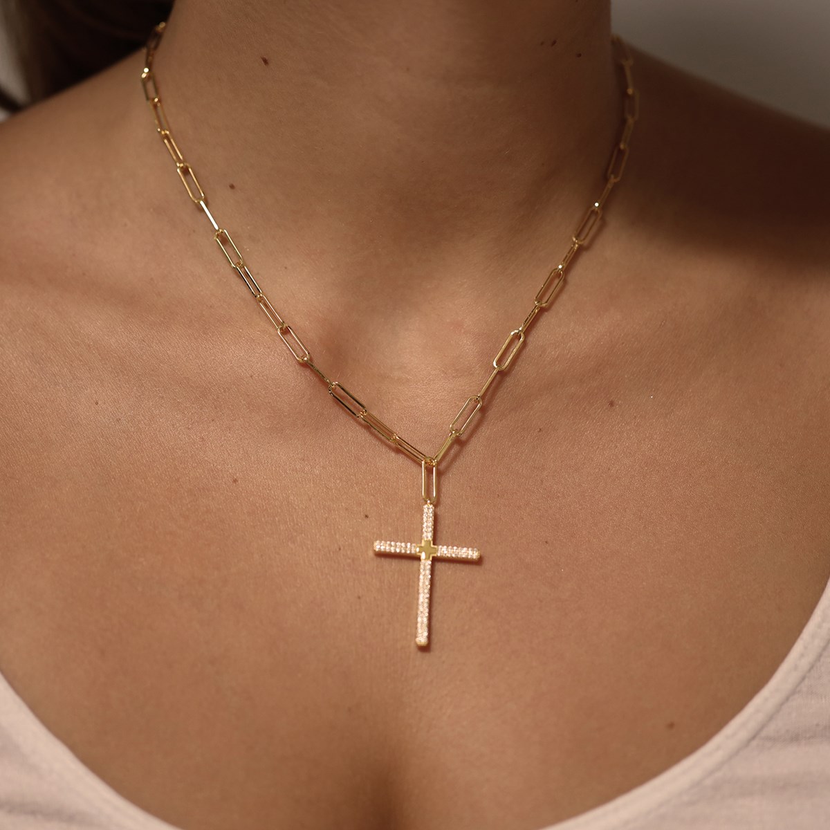 Collier Argent Doré Croix Sertie De Zirconiums Blanc